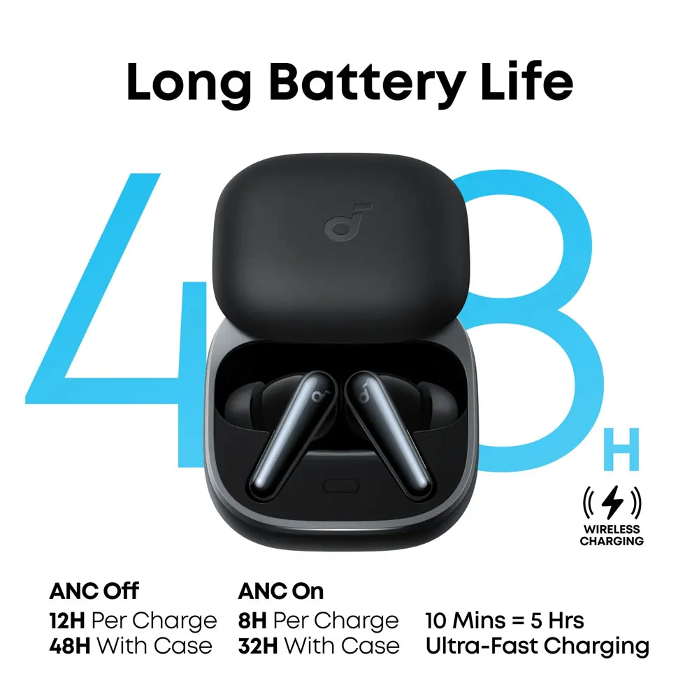 هدفون بلوتوثی انکر مدل Soundcore Liberty 5 با نویز کنسلینگ فعال (ANC)، درگاه شارژ USB Type-C، تا 30 ساعت زمان پخش موسیقی، دارای سنسور نوری داخل گوش و مقاوم در برابر رطوبت و عرق