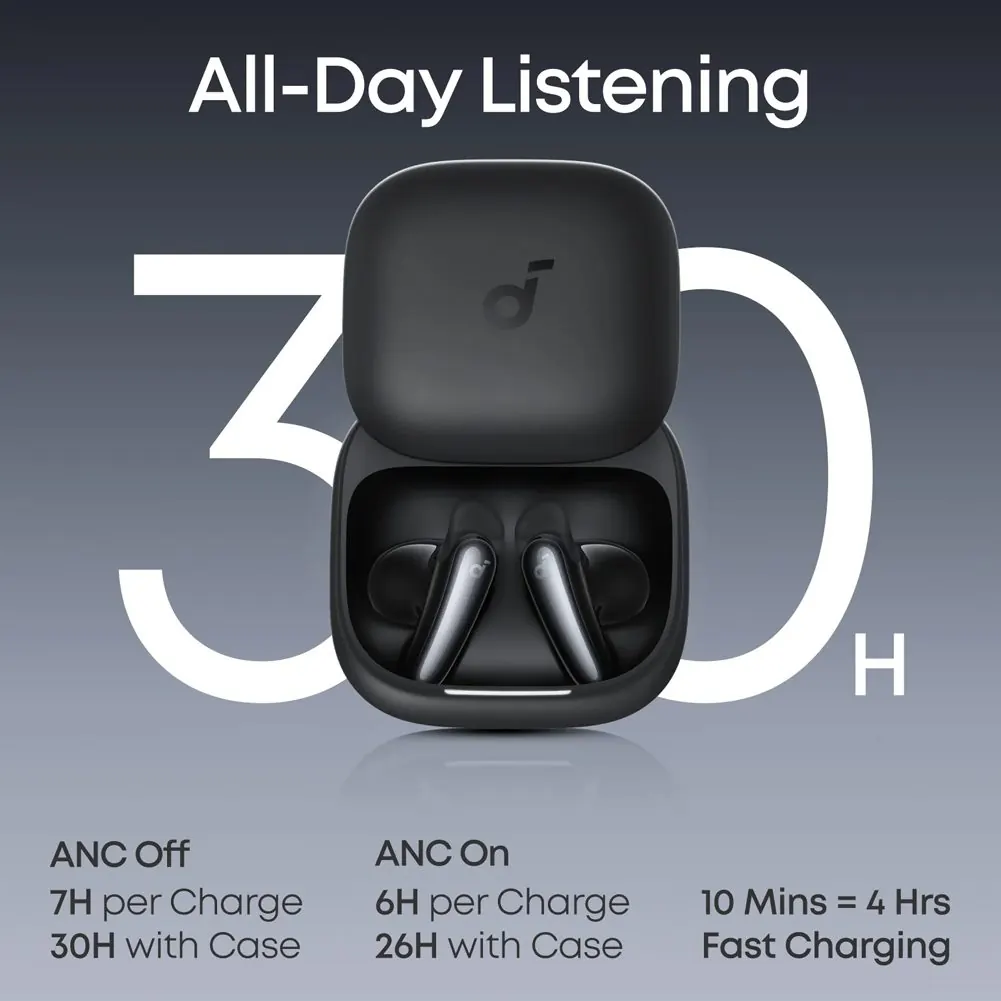 هدفون بلوتوثی توگوشی انکر مدل Soundcore Liberty Buds، مجهز به Adaptive ANC 3.0، پشتیبانی از Hi-Res Audio و کدک LDAC، عمر باتری 7 ساعت و محفظه شارژ 30 ساعته، 4 میکروفون هوش مصنوعی، بلوتوث 6.1 و مقاومت در برابر رطوبت و عرق