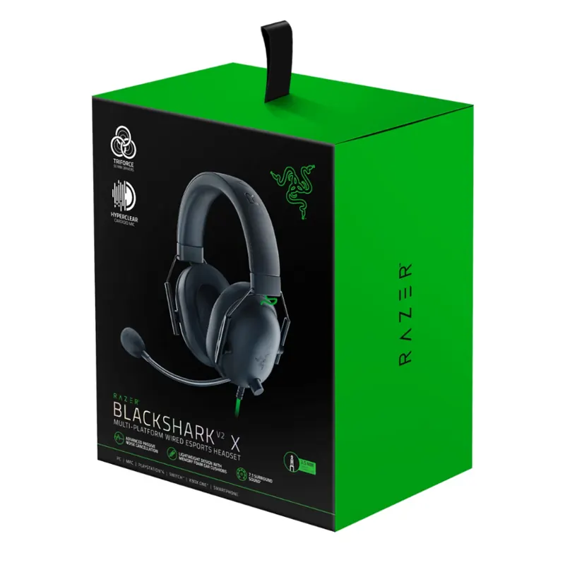 هدست گیمینگ بلوتوثی ریزر مدل BlackShark V2 X با نویز کنسلینگ بدنه، نویز کنسلینگ میکروفون (ENC)، اتصال از طریق جک 3.5 میلیمتری، دارای صدای فراگیر 7.1 کاناله، دارای تکنولوژی صدای 360 درجه